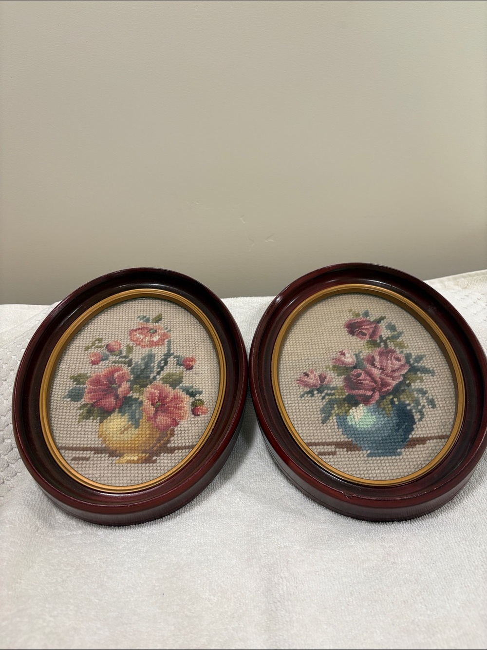 Vintage Needlepoint Floral Oval Framed Pictures— BEAUTIFUL!  Wall Grouping Decor